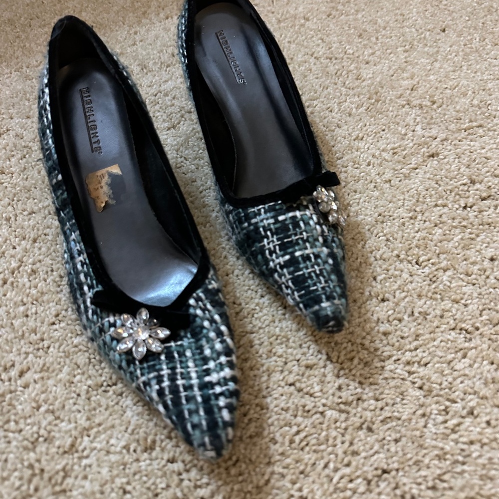 Tweed low-heeled pumps w/jewel embellishment